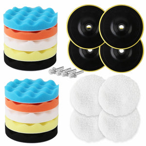 Set of foam polishing pads in various colors and sizes with black backing plates.