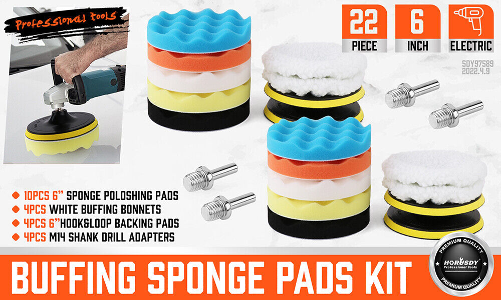 Buffing sponge pads kit with various colored pads and tools on a white background.