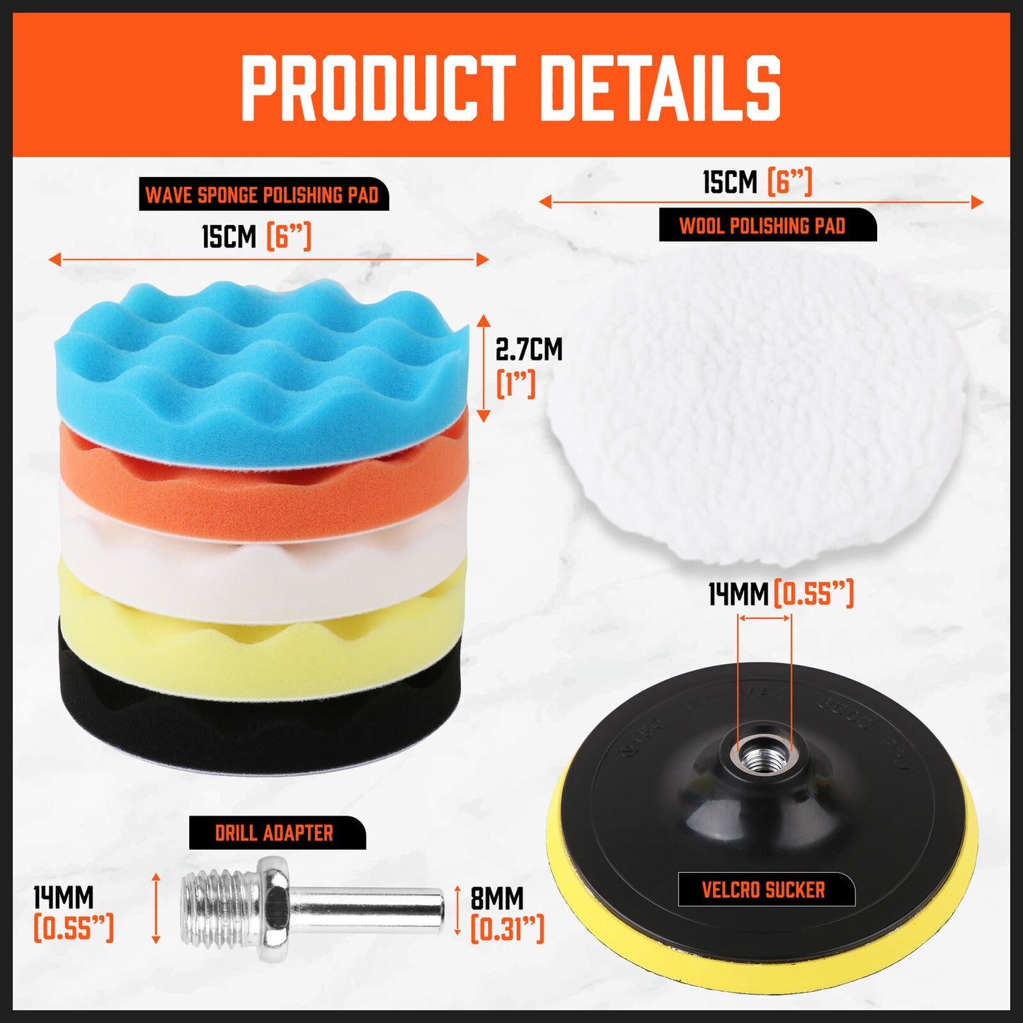 Product details of wave sponge polishing pad, ISCM wheel, drill adapter, and velcro sucker on a white background.