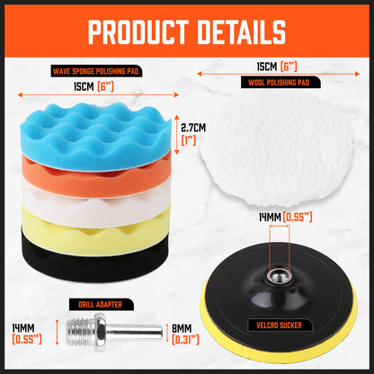 Product details of wave sponge polishing pad, ISCM wheel, drill adapter, and velcro sucker on a white background.