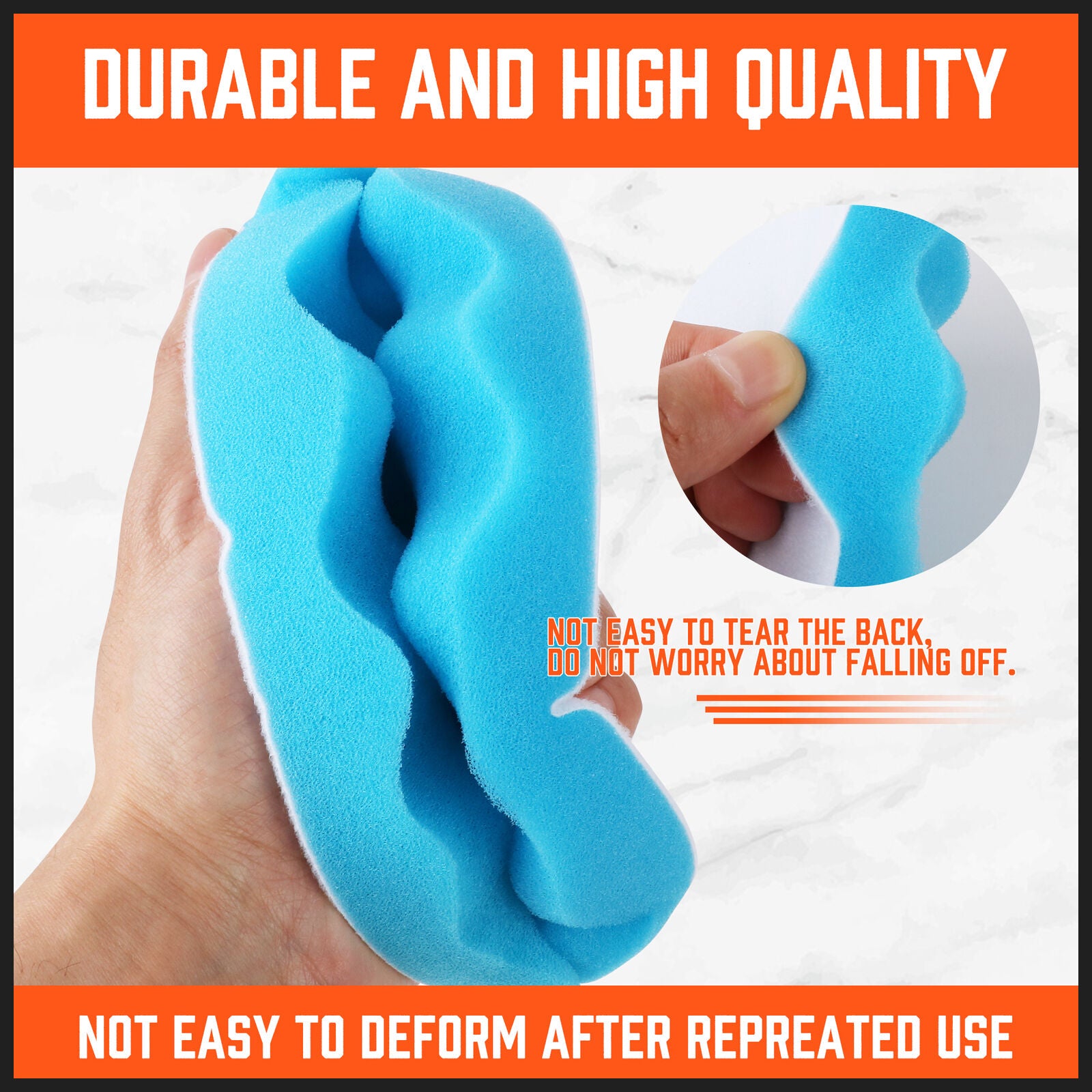 Blue foam pad held in a hand with text highlighting durability and quality.
