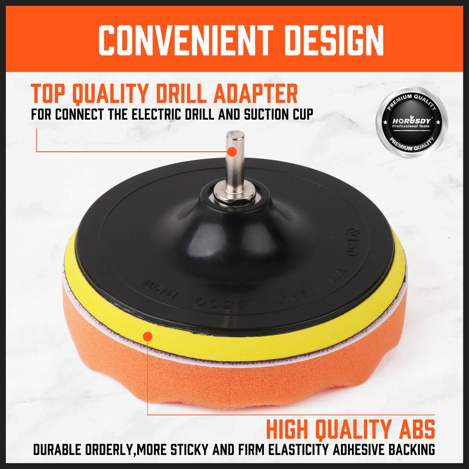 Drill adapter with adhesive backing on a white background, featuring text about its design and quality.