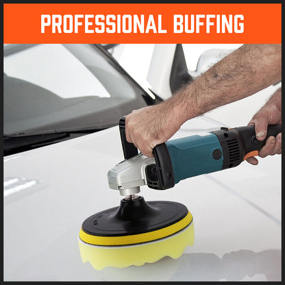 Person using a car buffer to polish a white car with 'Professional Buffing' text at the top.