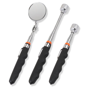 A set of three magnetic pick up tools with telescoping rods and inspection mirrors, featuring black handles with orange accents.