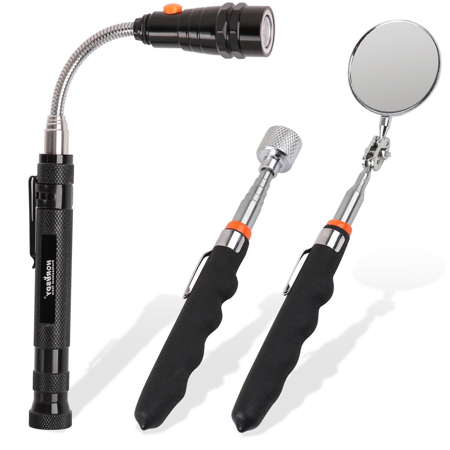 A set of three magnetic pick-up tools with telescoping features and an inspection mirror, with black handles and metallic parts, on a white background.