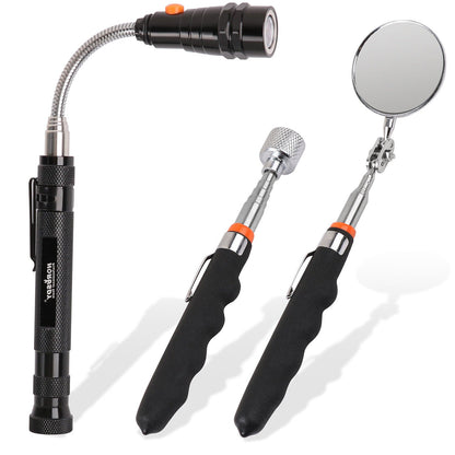 A set of three magnetic pick-up tools with telescoping features and an inspection mirror, with black handles and metallic parts, on a white background.