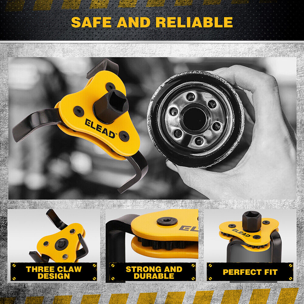 Elead tool with text 'Safe and Reliable', 'Three Claw Design', 'Strong and Durable', 'Perfect Fit' on a gray background.