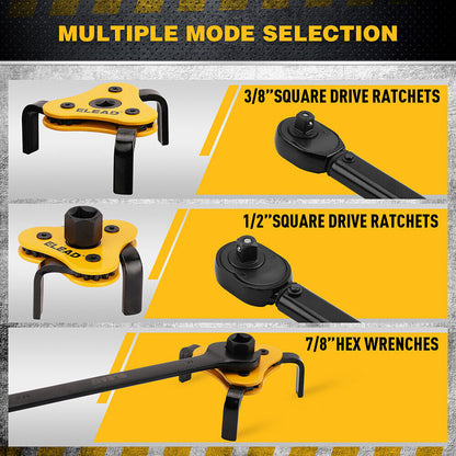 Tool set with square drive ratchets and hex wrenches on a yellow and black background