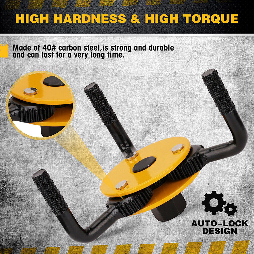 Yellow and black tool with text about high hardness, high torque, and auto-lock design on a gray background.