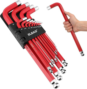 Set of red hex keys with a black case, held by a hand on a white background.