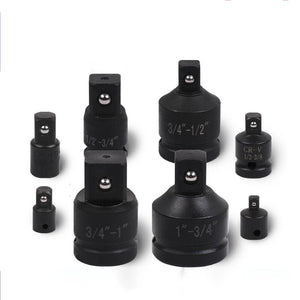 A set of black metal impact socket reducers of various sizes, displayed on a white background.