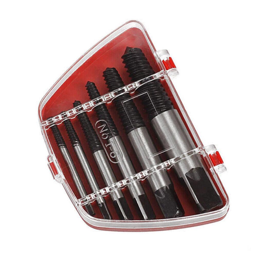 A set of screw extractors in various sizes, displayed in an clear plastic case with red accents.