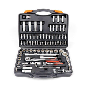A tool set displayed in an open case, including various wrenches, sockets, ratchets, screwdriver bits, and other hand tools.