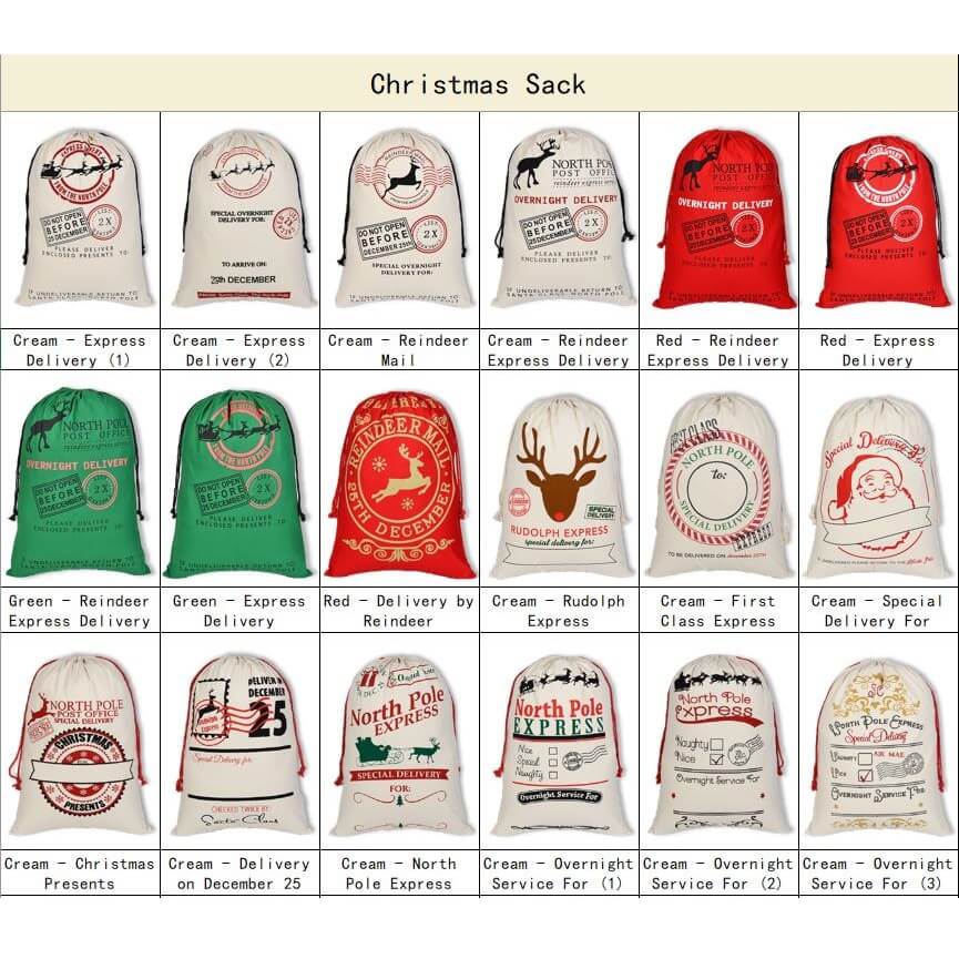 Christmas Santa Sack Xmas Stocking 50x70cm Canvas Hessian Cream - North Pole Express (D)