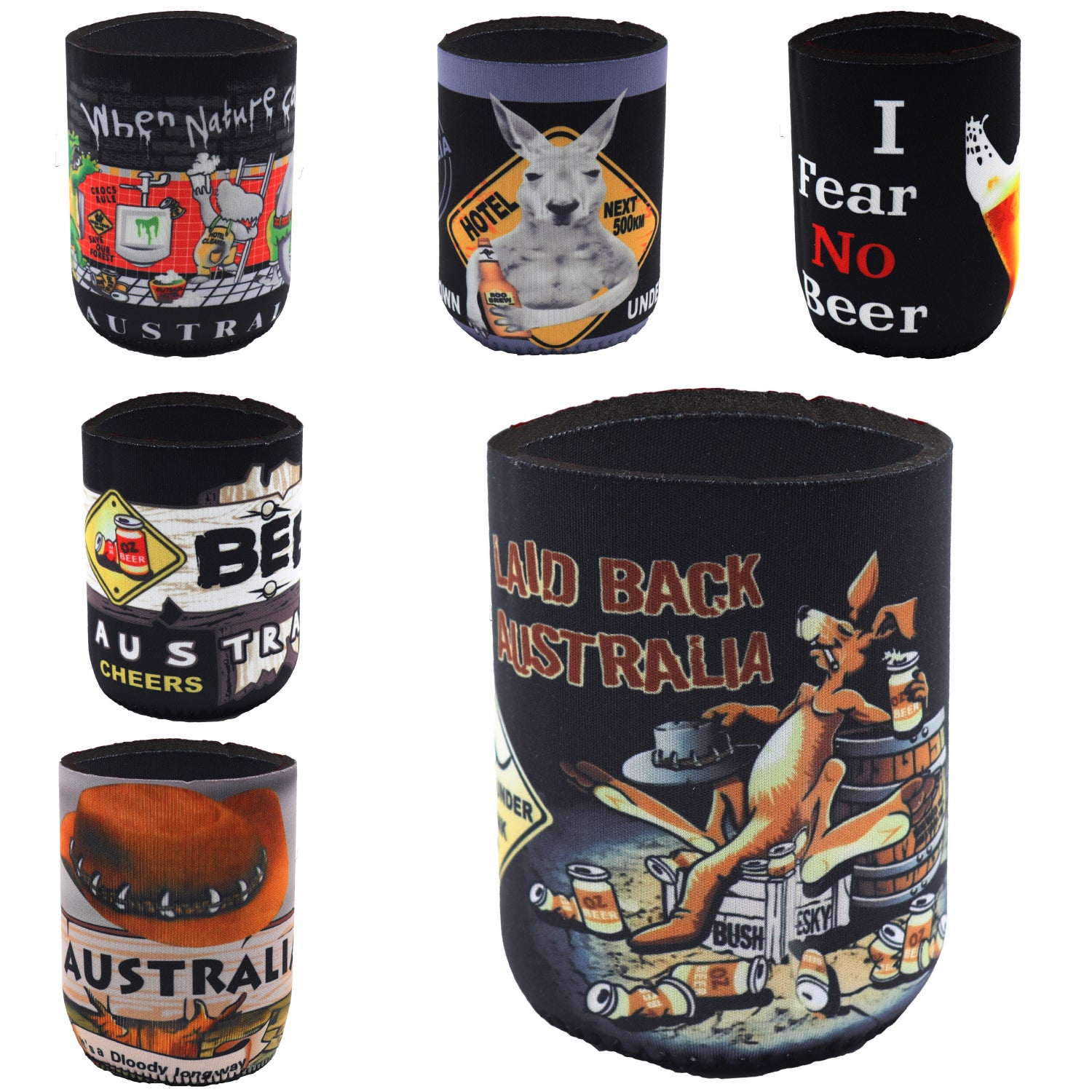 6x Australia Stubby Stubbie Holder Beer Bottle Tin Can Drink Alcohol Cooler Gift, Mixed Design (Fun) - Factory Direct Shop