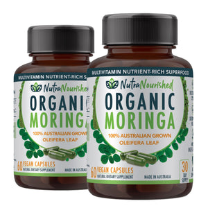 Two bottles of Nutra Nourished Organic Moringa Leaf Capsules with 60 capsules each, label stating 100% Australian grown oleifera leaf.