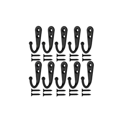 10Pcs Wall Hooks Heavy Duty Coat Hat Robe Hanger Double Hole Zinc Alloy Vintage - Black