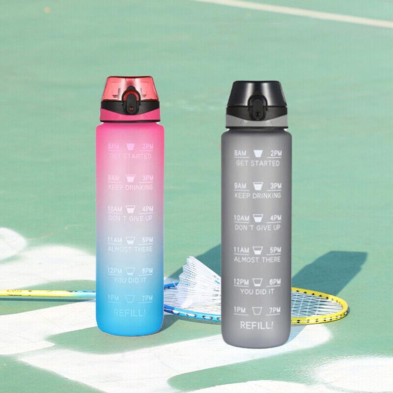 1L Water Bottle Motivational Drink Flask With Time Markings Bpa Free Sport Gym - Blue+Pink - Factory Direct Shop