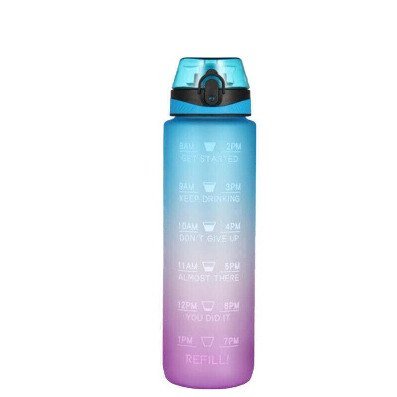 1L Water Bottle Motivational Drink Flask With Time Markings Bpa Free Sport Gym - Green+Purple