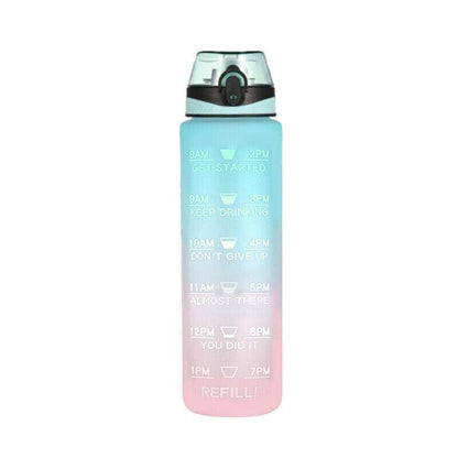1L Water Bottle Motivational Drink Flask With Time Markings Bpa Free Sport Gym - Green+Purple