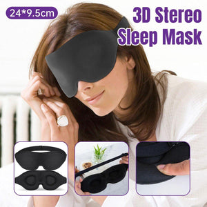 Woman wearing a black 3D Stereo Sleep Mask with product details on a white background