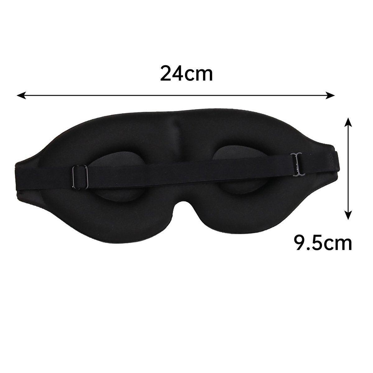 Black sleep mask with measurements on a white background