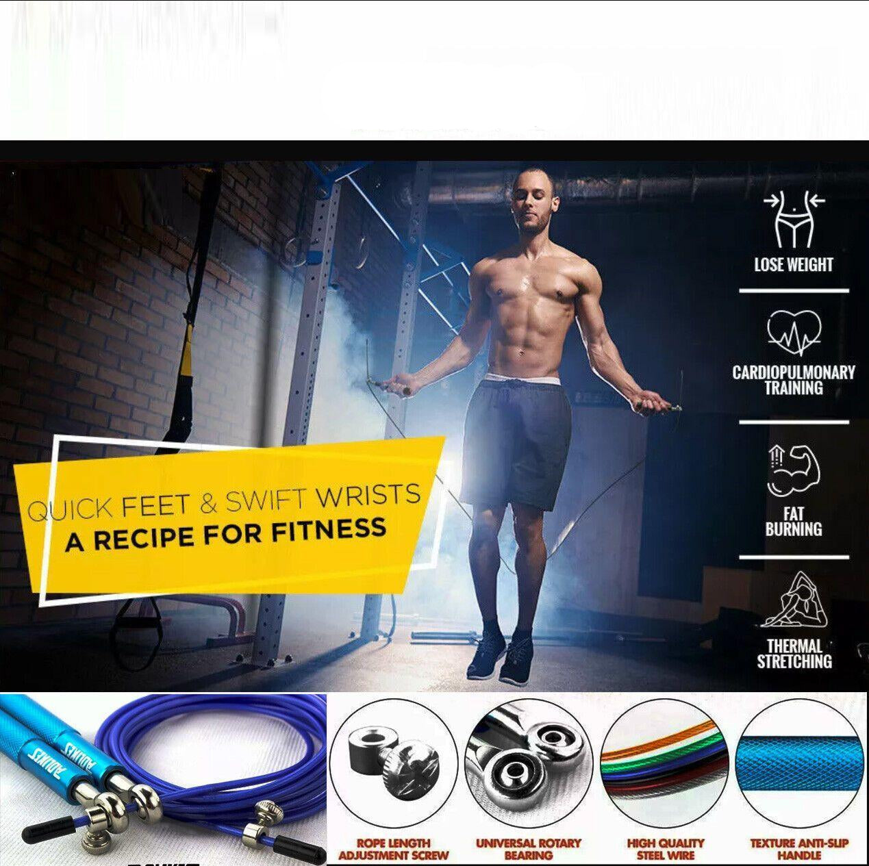 Man exercising with jSkipping Rope  in a gym setting, with fitness benefits and product features displayed.