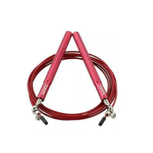 Red skipping Rope with metal clamps on a white background