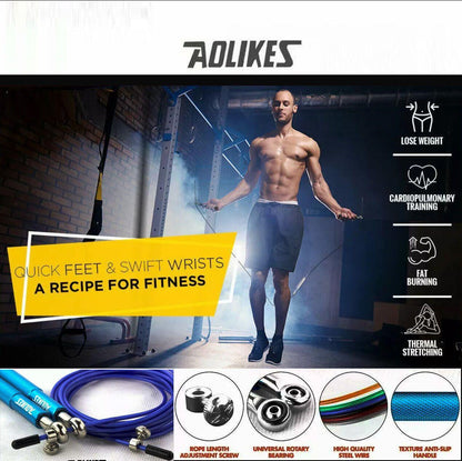Man exercising with skipping Rope in a gym setting, featuring Adlikes branding and product details.