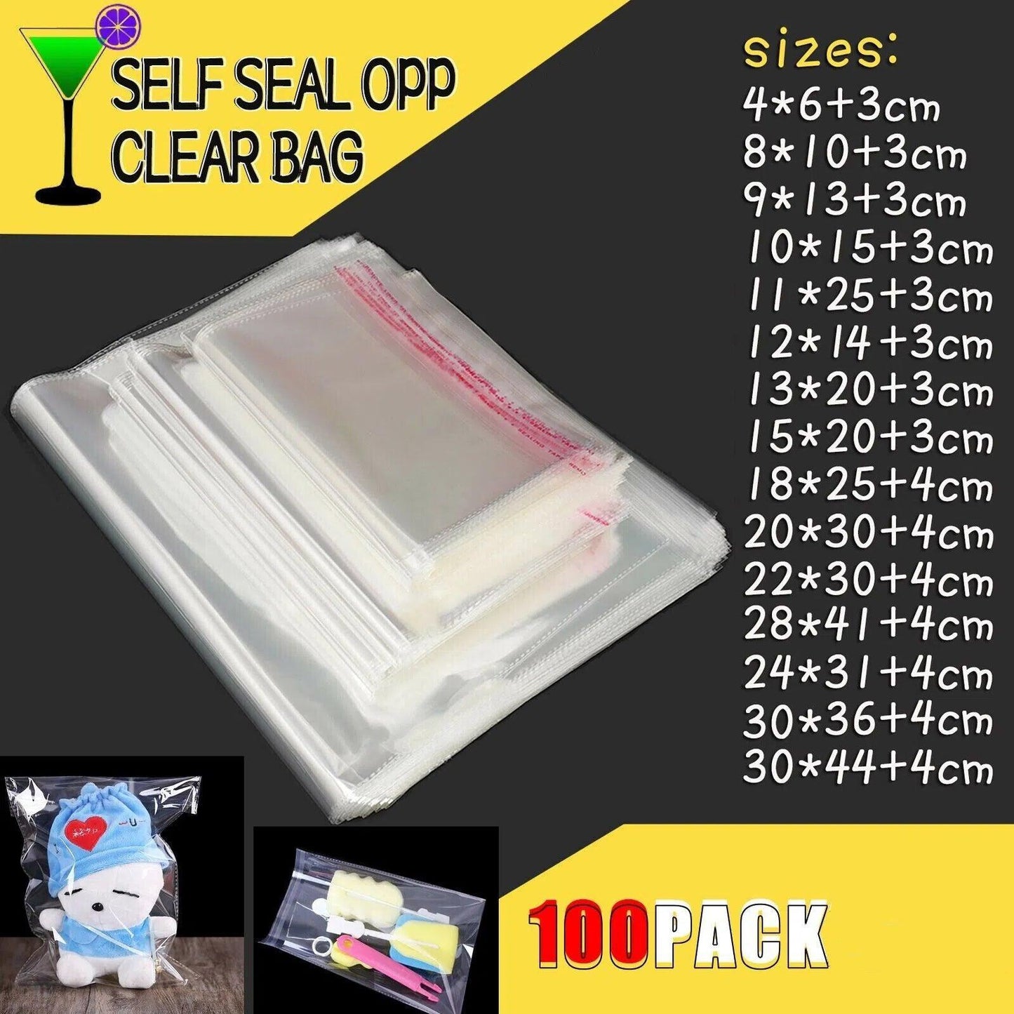 Multi-size Clear Self-Seal Cellophane Bags - Bulk Adhesive Opp - 13*17+3