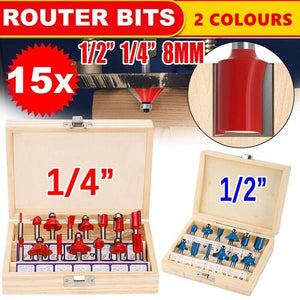 15X 1/2 1/4 inch Router Bits Set Woodworking Tool Cutter Shank Tungsten Carbide - Blue 1/2