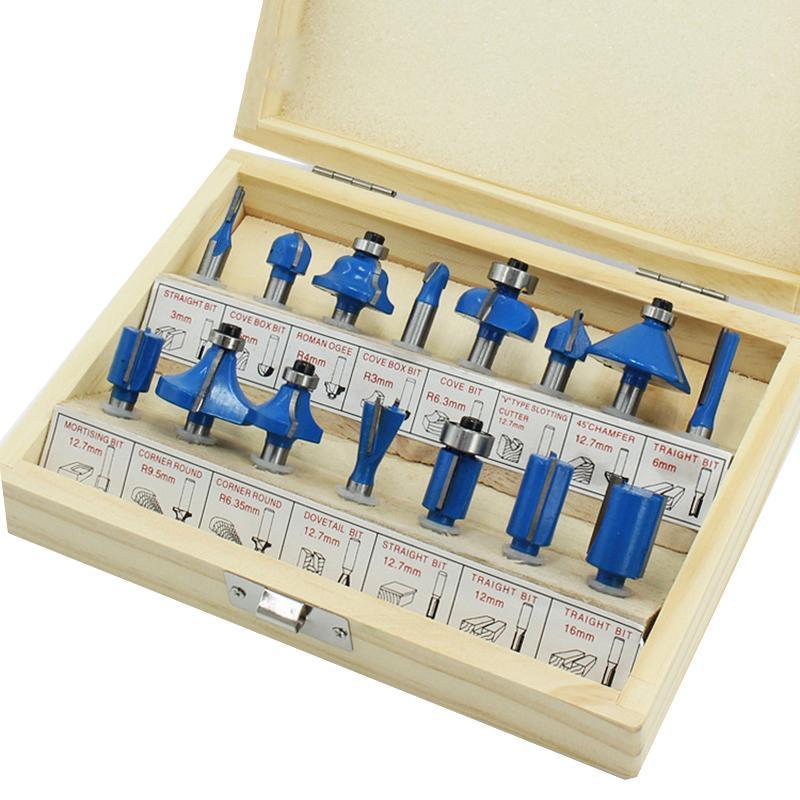 15X 1/2 1/4 inch Router Bits Set Woodworking Tool Cutter Shank Tungsten Carbide - Blue 1/2