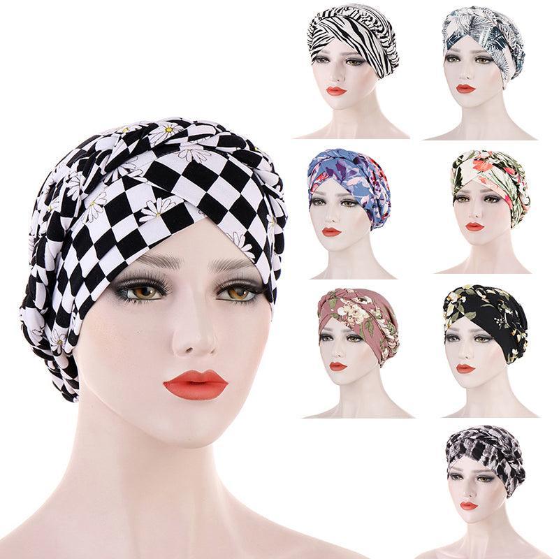 Women'S Comfort Cap Floral Pattern Chemo Head Coverings - Black and white grid