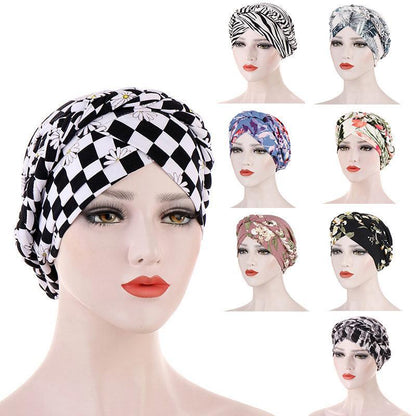 Women'S Comfort Cap Floral Pattern Chemo Head Coverings - Black and white grid