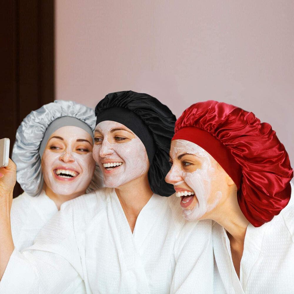 Sleeping Bonnet Hair Wrap Silk Satin Cap Women Elastic Night Soft Hat Headwear - Beige