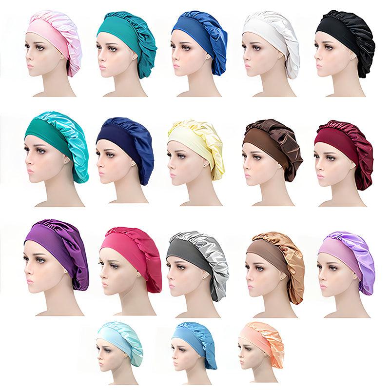 Sleeping Bonnet Hair Wrap Silk Satin Cap Women Elastic Night Soft Hat Headwear - Black
