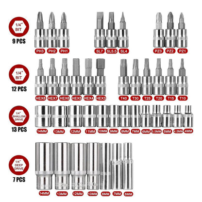 53PCS Metric Deep Socket Set 1/4" Drive Wrench with Flexible Extension Bar Tools
