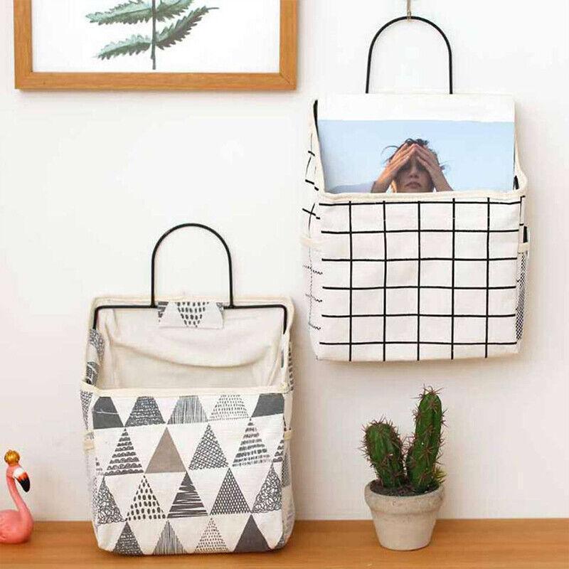 Wall Hanging Storage Bag Home Wardrobe Organiser Pouch Book Holder Phone Pocket - Blue Triangle