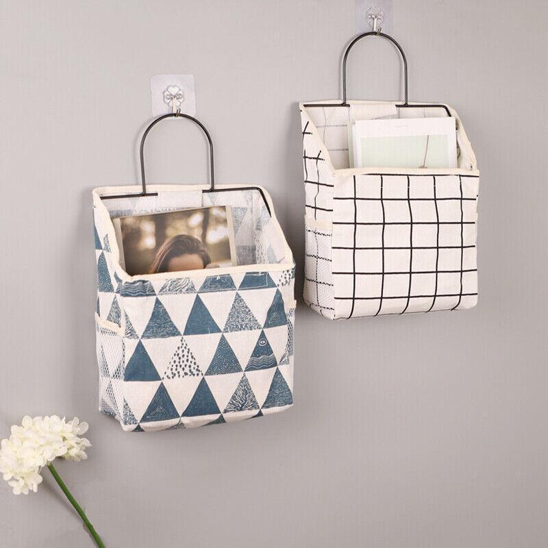 Wall Hanging Storage Bag Home Wardrobe Organiser Pouch Book Holder Phone Pocket - White Grid