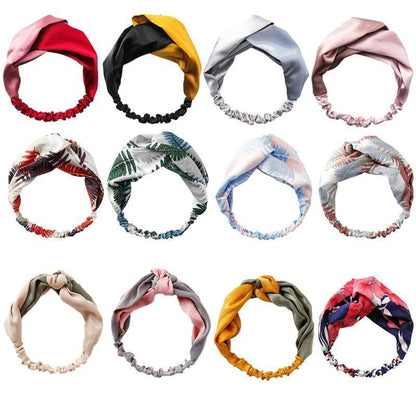 Women Chiffon Floral Print Headband Fashion Bohemian Elastic Cross Hair Bands - Beige+Green