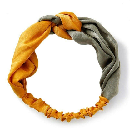 Women Chiffon Floral Print Headband Fashion Bohemian Elastic Cross Hair Bands - Beige+Green