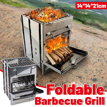 Outdoor Camping Mini Folding Wood Burning Stove Picnic Stainless Steel BBQ Grill