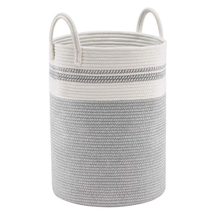 Woven Cotton Rope Storage Basket Foldable Laundry Bin Bamboo Clothes Organizer - White Brown