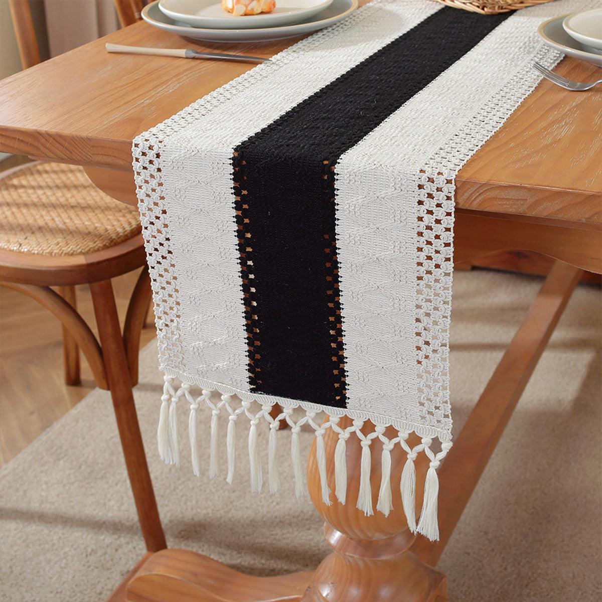 Cotton Linen Table Runner with Knot Tassel Bed End Towel Long Tablecloth Mat - Beige