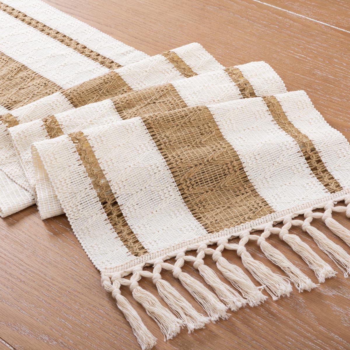 Cotton Linen Table Runner with Knot Tassel Bed End Towel Long Tablecloth Mat - Beige