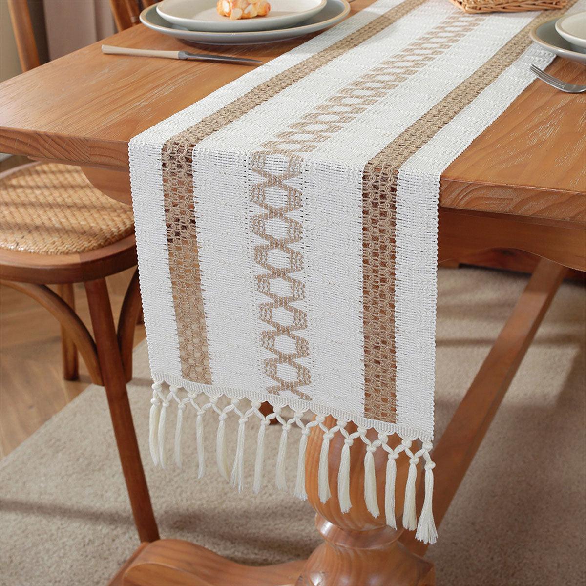 Cotton Linen Table Runner with Knot Tassel Bed End Towel Long Tablecloth Mat - Black