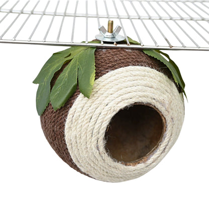 Bird Nest Parrot Nest Coconut Shell Braided Twine Colourful Cage Hanging Bed - White-Brown-Screw Model