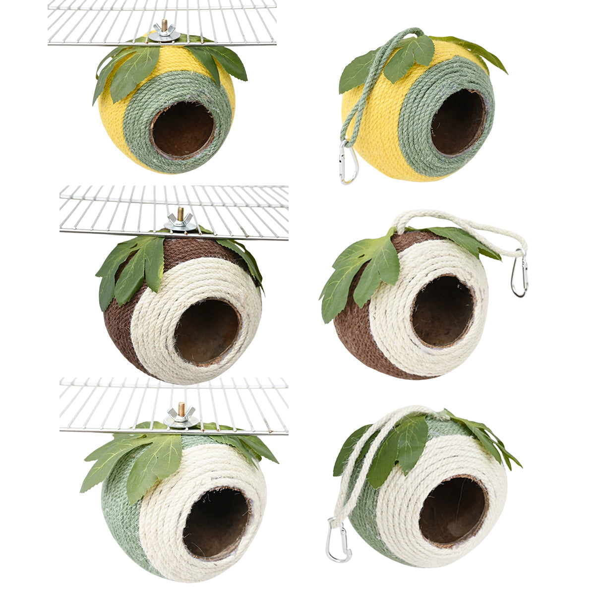 Bird Nest Parrot Nest Coconut Shell Braided Twine Colourful Cage Hanging Bed - Green-Yellow-Screw Model