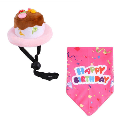 Pet Birthday Cake Hat and Triangle Towel combination Fun Party Dress Up for Pets - Pink - Factory Direct Shop
