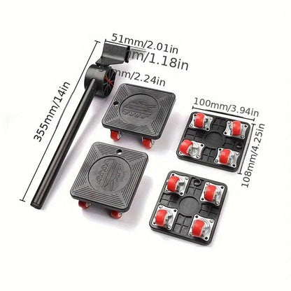 Heavy Duty Moving Tool Set Easy Move Five Piece Furniture Lifter Kit for Home - Red